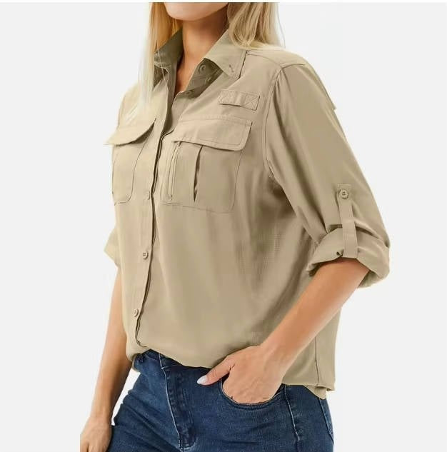 Camisa de Manga Larga Mujer Bolsillos Funcionales