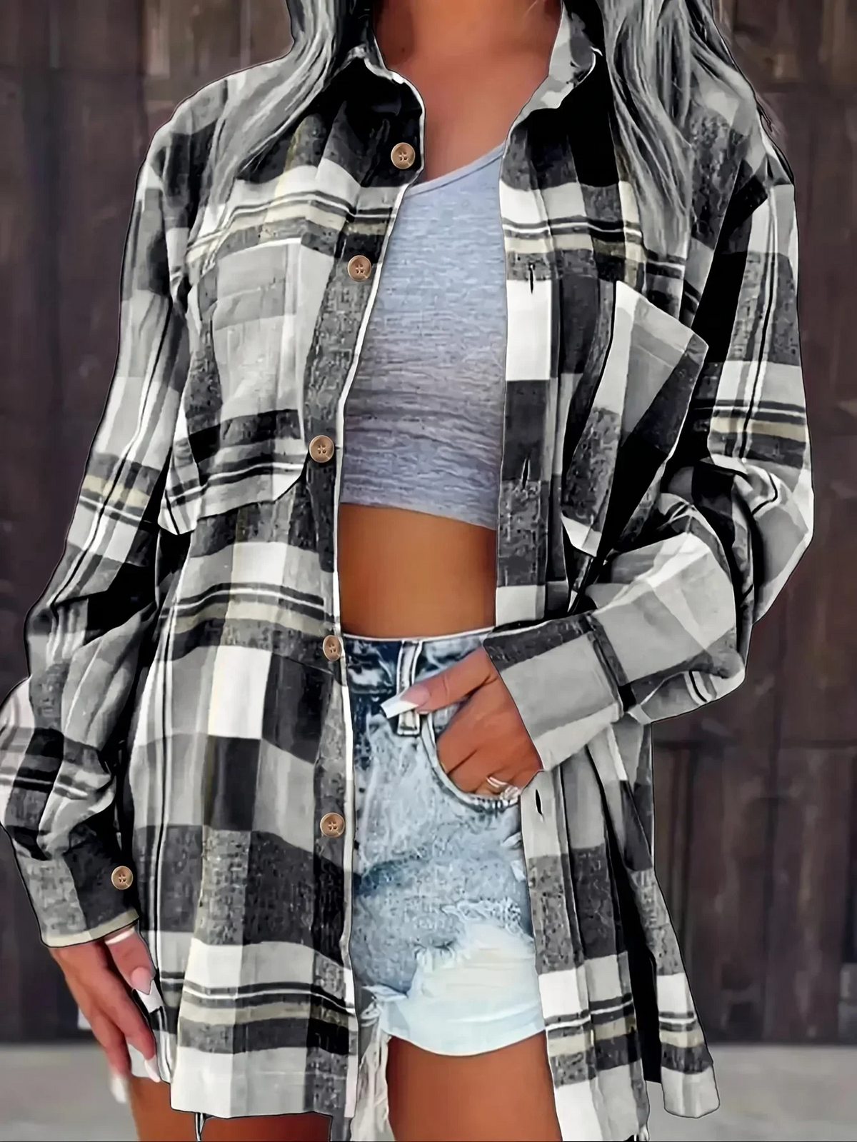 Camisa de Cuadros Oversize Mujer Manga Larga Bolsillo