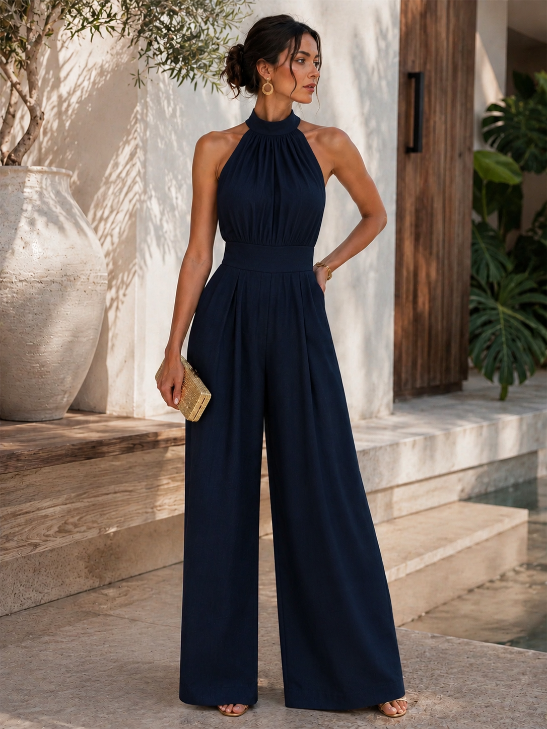 Conjunto Palazzo de Lino y Blusa Halter Mujer Estampado
