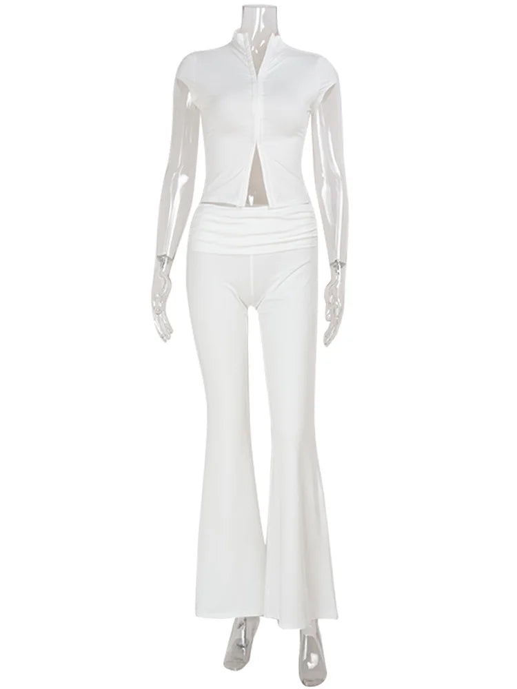 Conjunto 2 piezas mujer top calado y pantalón acampanado blanco