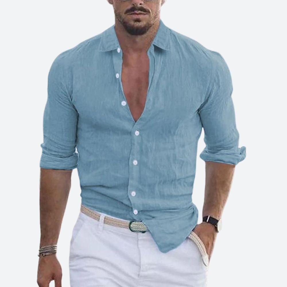 Camisa de Lino de Manga Larga Hombre Cuello Abierto Slim Fit