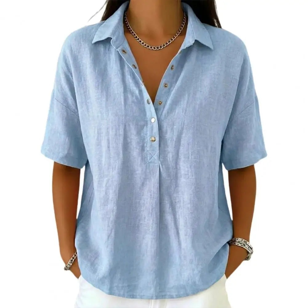 Blusa de Lino Mujer Manga Corta Cuello Polo