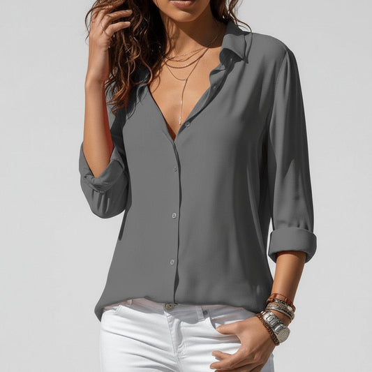 Camisa Blanca de Manga Larga Mujer Botones Cuello Solapa