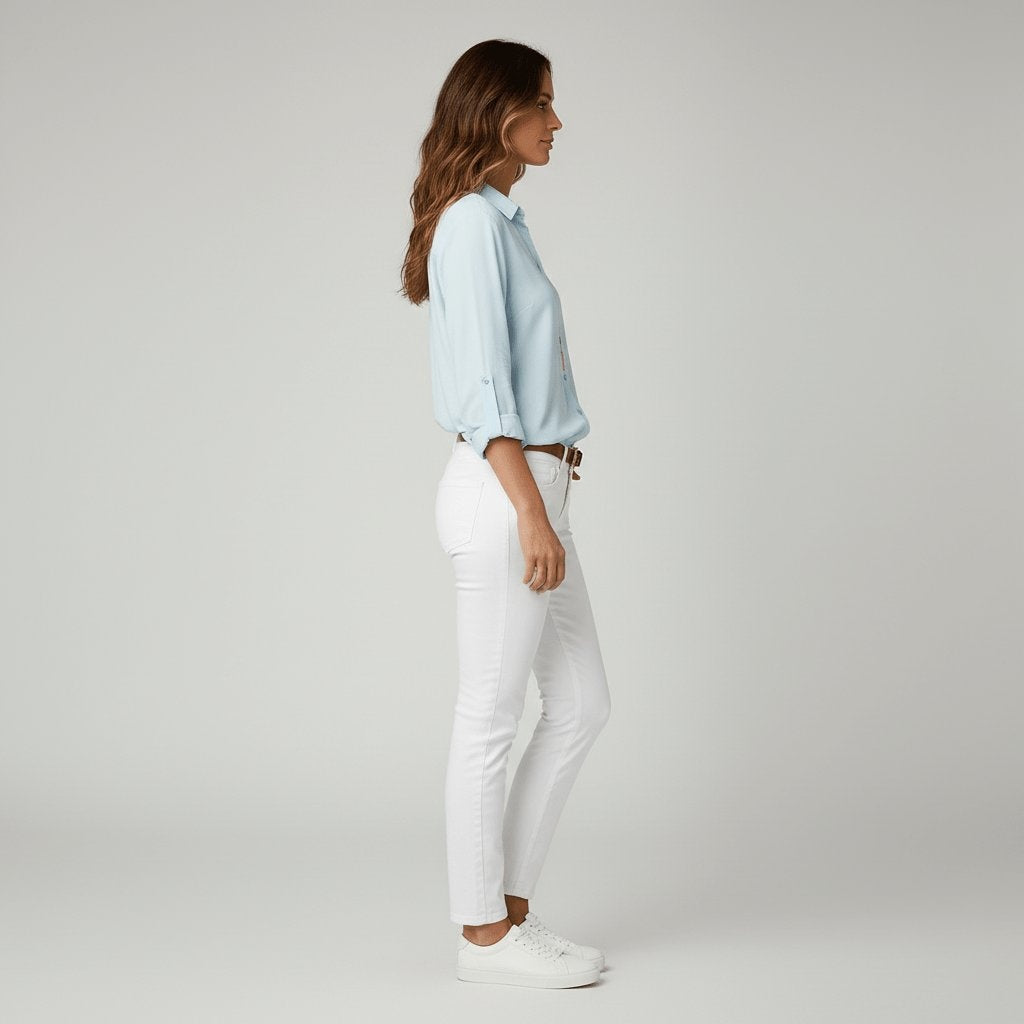 Camisa Blanca de Manga Larga Mujer Botones Cuello Solapa