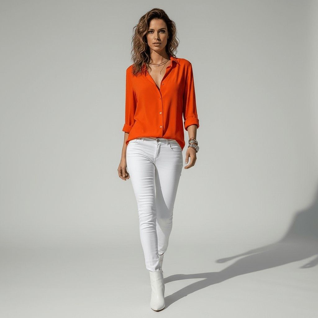 Camisa Blanca de Manga Larga Mujer Botones Cuello Solapa