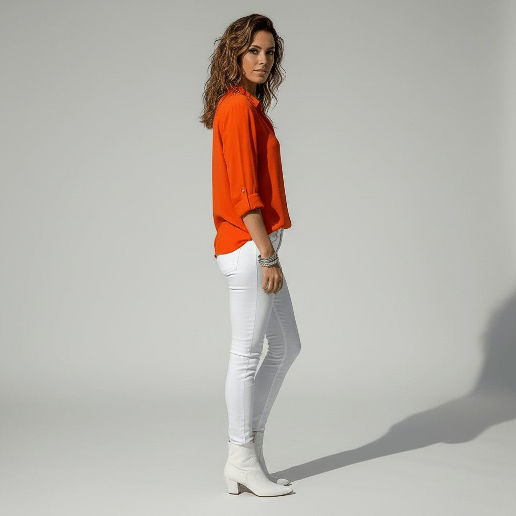Camisa Blanca de Manga Larga Mujer Botones Cuello Solapa