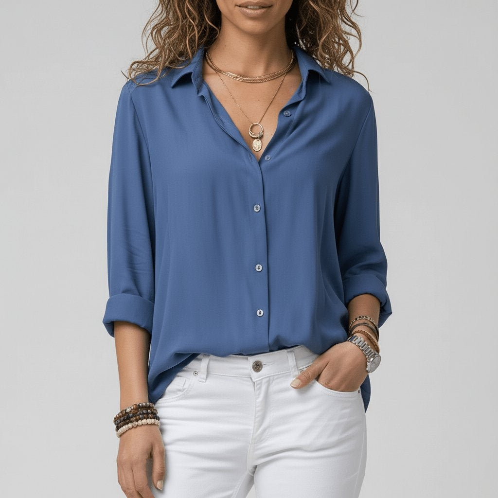 Camisa Blanca de Manga Larga Mujer Botones Cuello Solapa