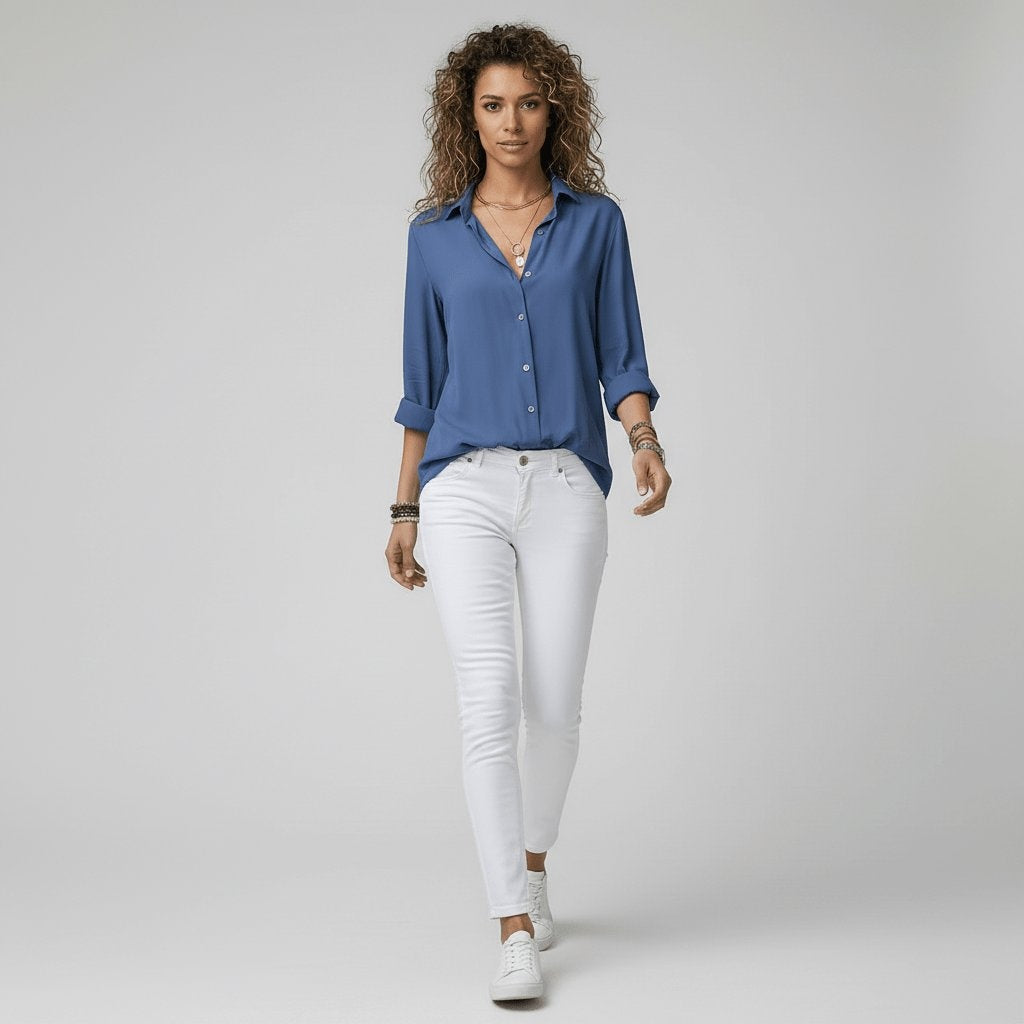 Camisa Blanca de Manga Larga Mujer Botones Cuello Solapa