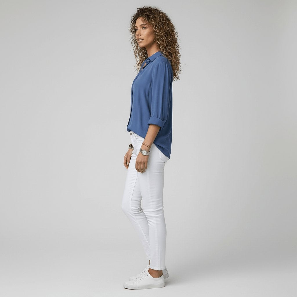 Camisa Blanca de Manga Larga Mujer Botones Cuello Solapa