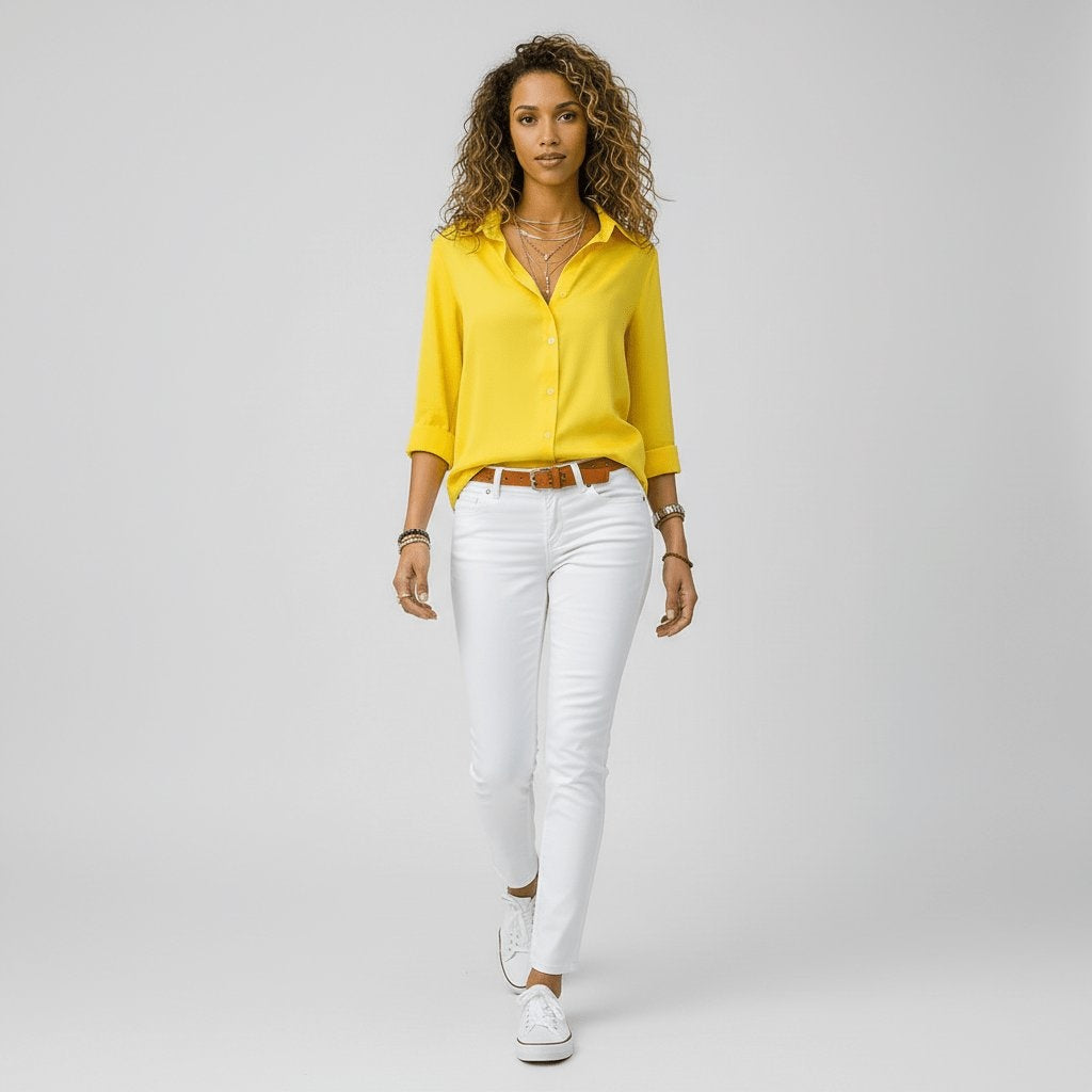 Camisa Blanca de Manga Larga Mujer Botones Cuello Solapa