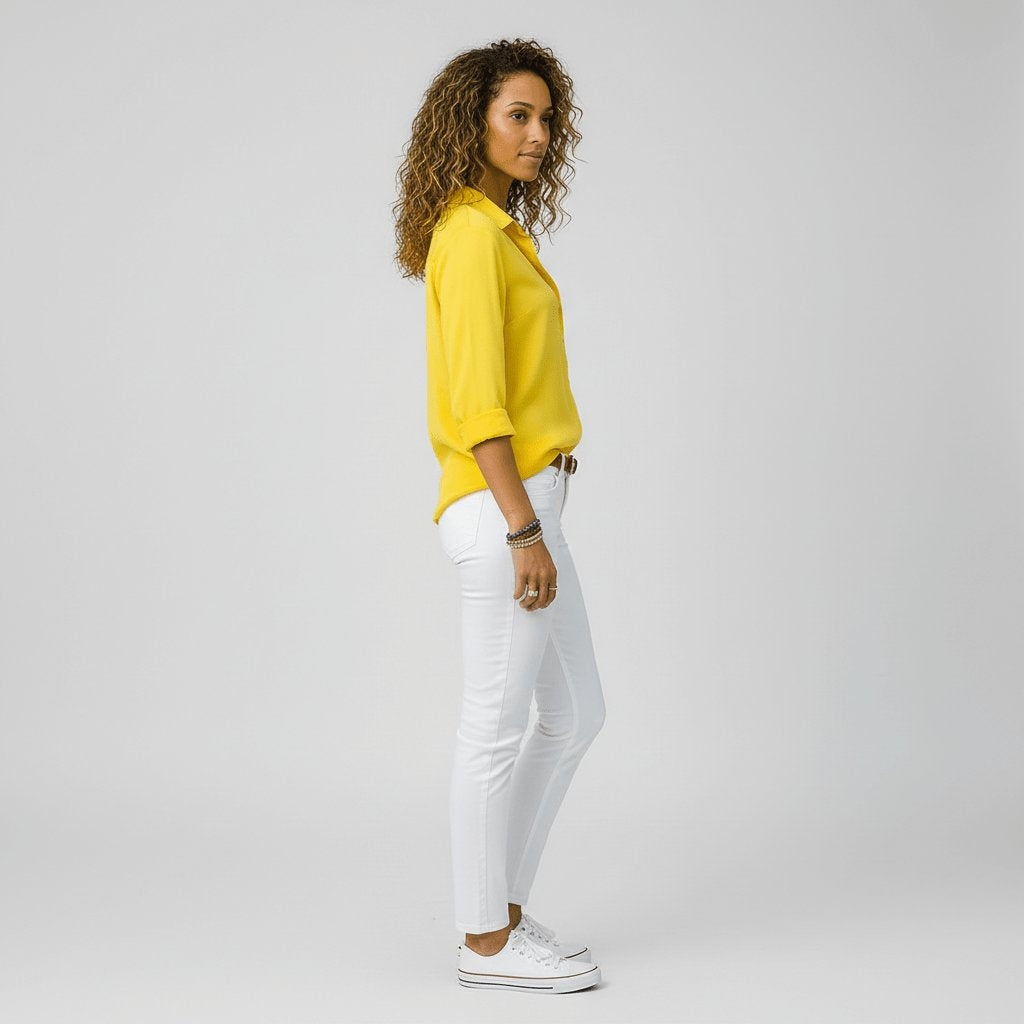 Camisa Blanca de Manga Larga Mujer Botones Cuello Solapa
