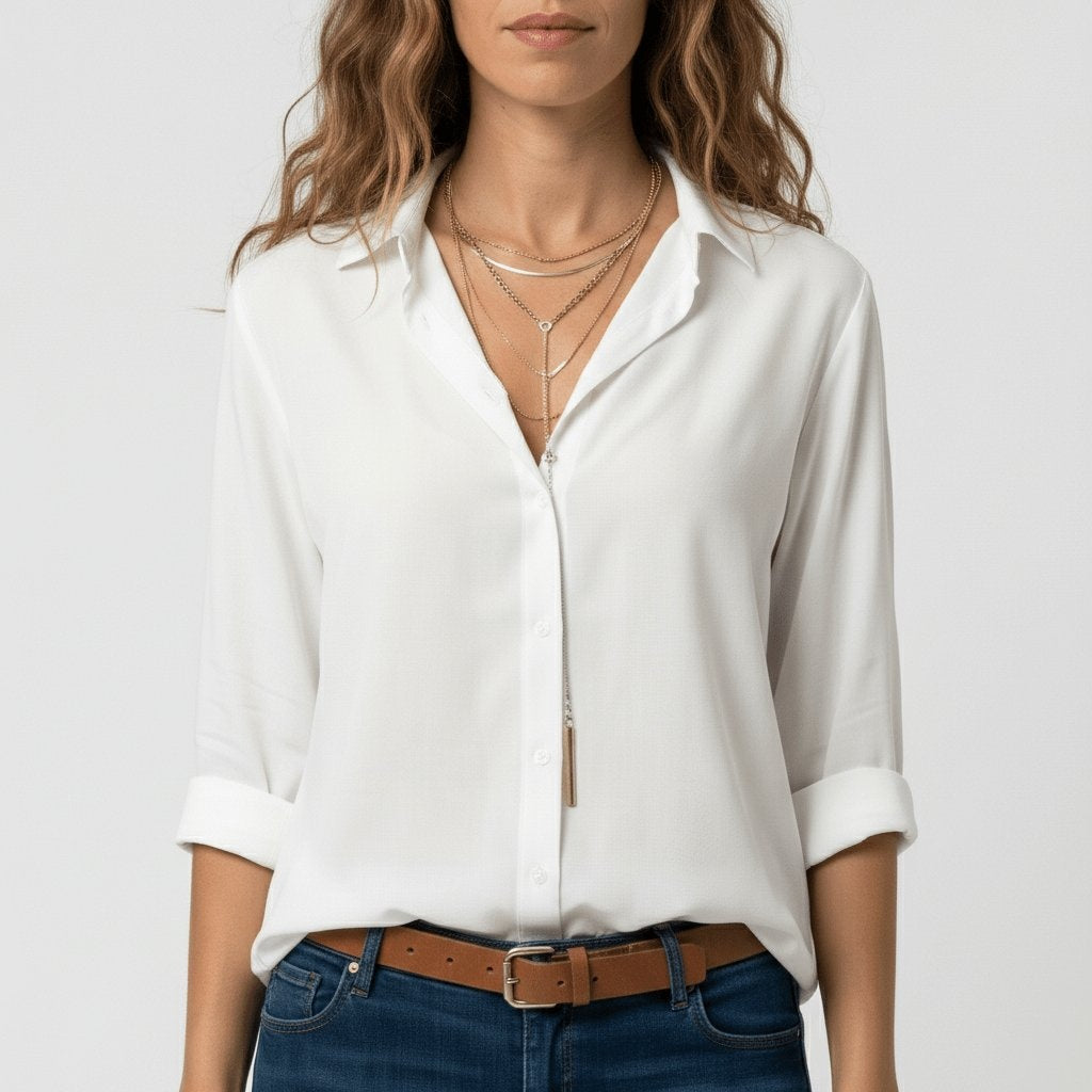 Camisa Blanca de Manga Larga Mujer Botones Cuello Solapa
