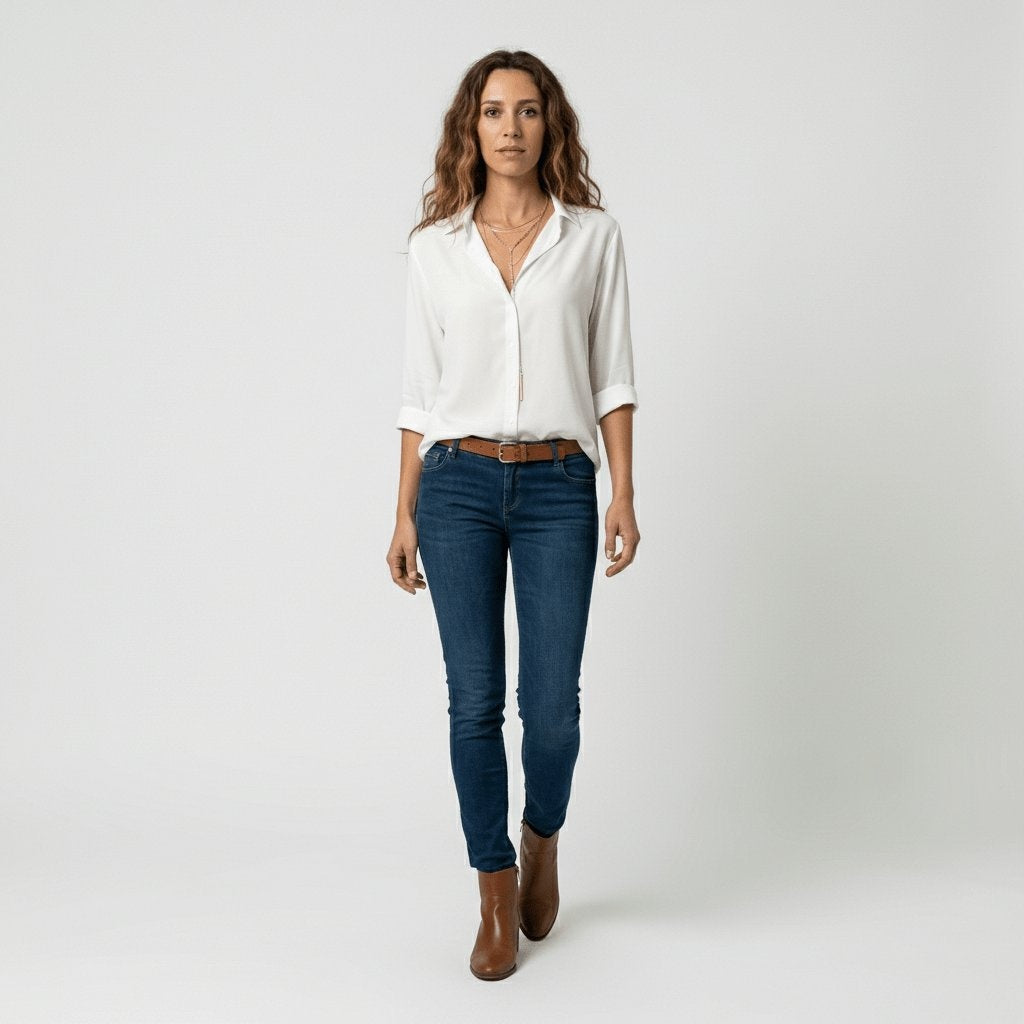 Camisa Blanca de Manga Larga Mujer Botones Cuello Solapa