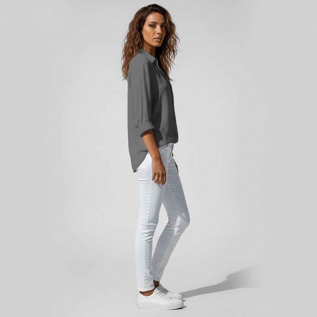 Camisa Blanca de Manga Larga Mujer Botones Cuello Solapa
