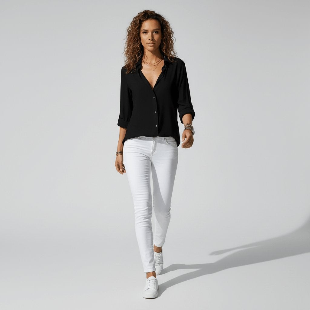 Camisa Blanca de Manga Larga Mujer Botones Cuello Solapa