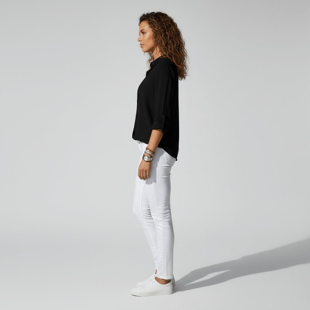 Camisa Blanca de Manga Larga Mujer Botones Cuello Solapa