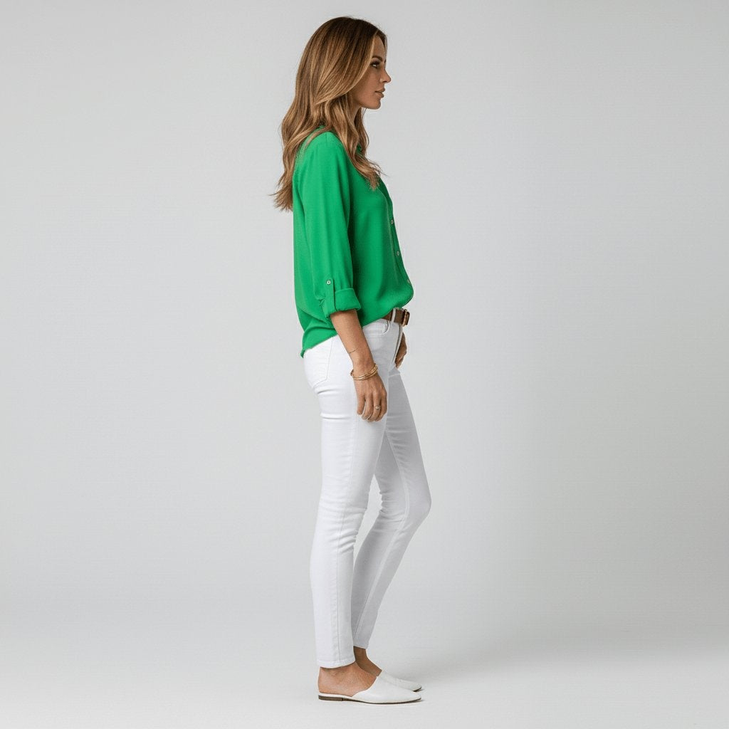 Camisa Blanca de Manga Larga Mujer Botones Cuello Solapa