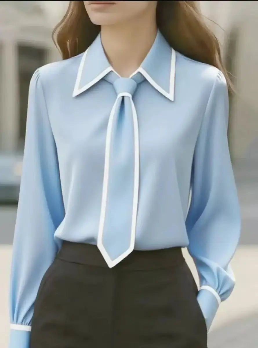 Camisa Blanca Mujer de Manga Larga Cuello con Lazo