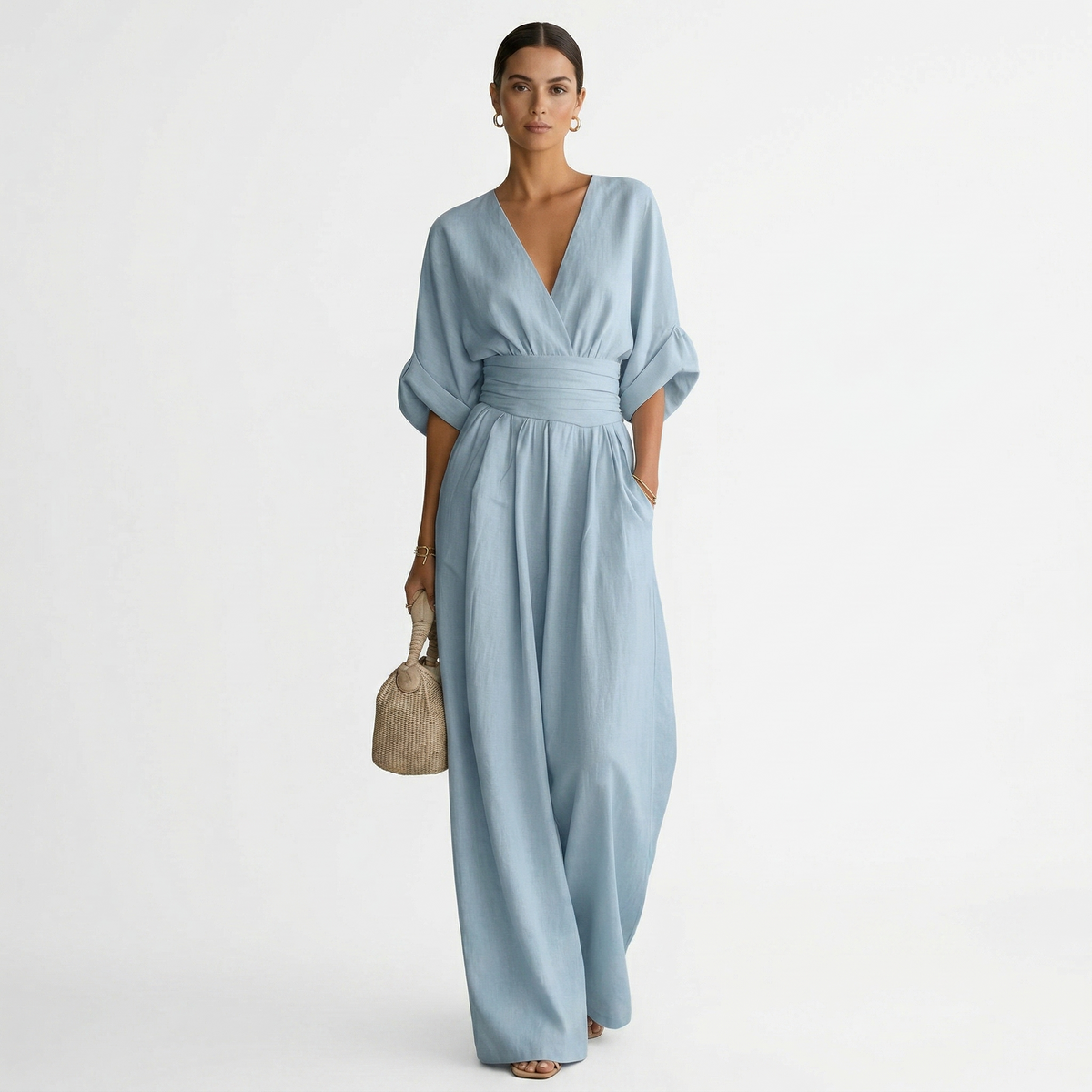 Mono Largo Elegante de Lino Mujer Escote V Cinturón