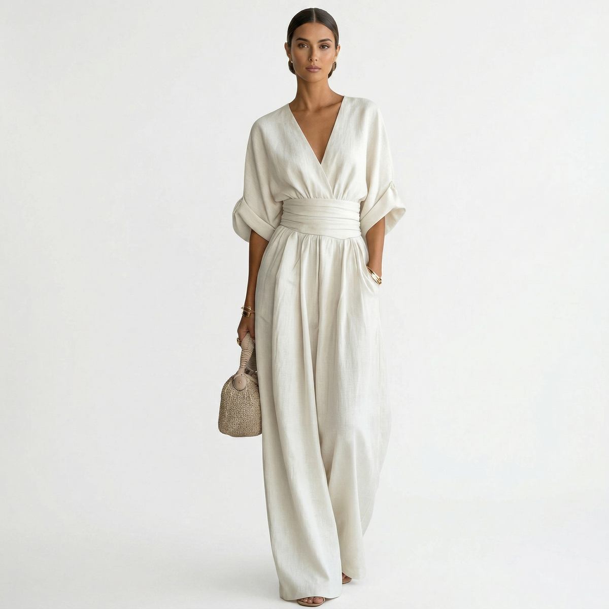 Mono Largo Elegante de Lino Mujer Escote V Cinturón