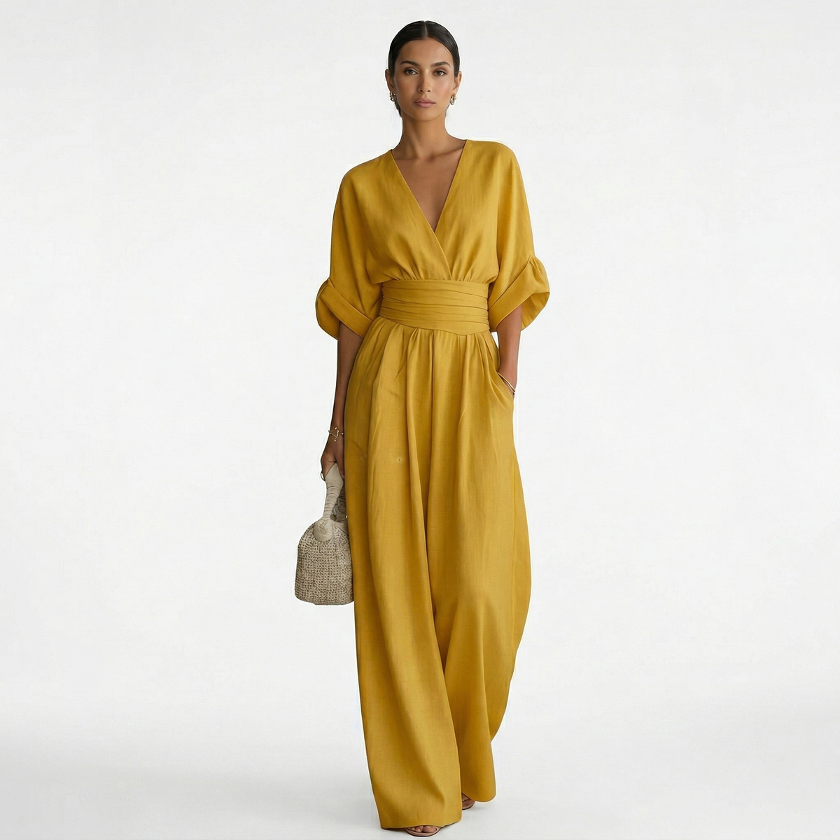 Mono Largo Elegante de Lino Mujer Escote V Cinturón