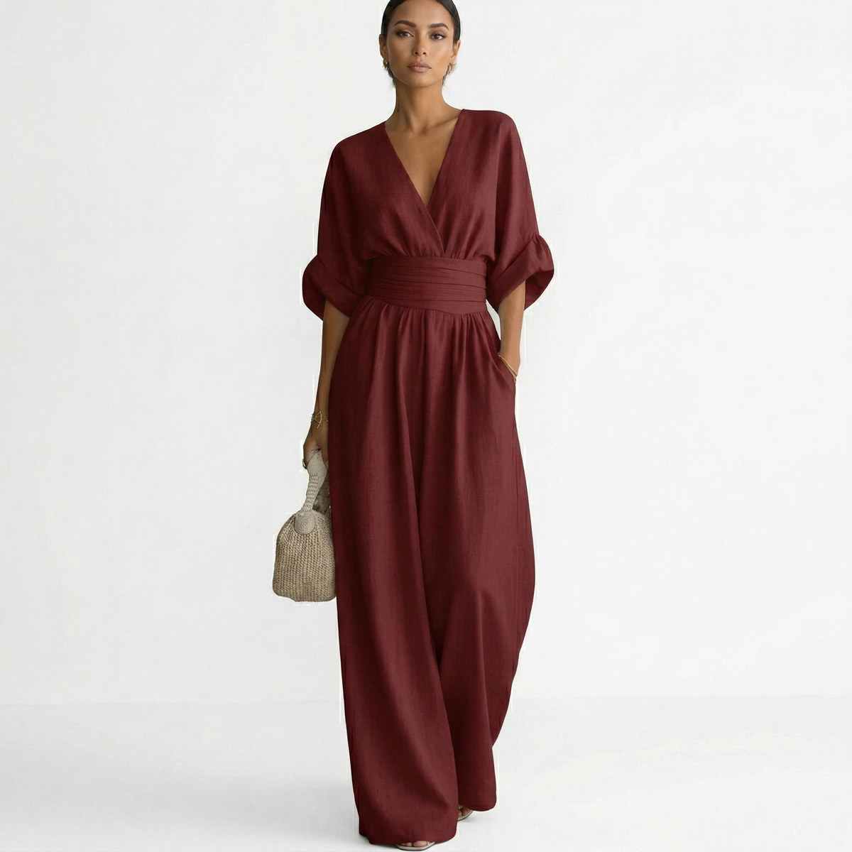 Mono Largo Elegante de Lino Mujer Escote V Cinturón
