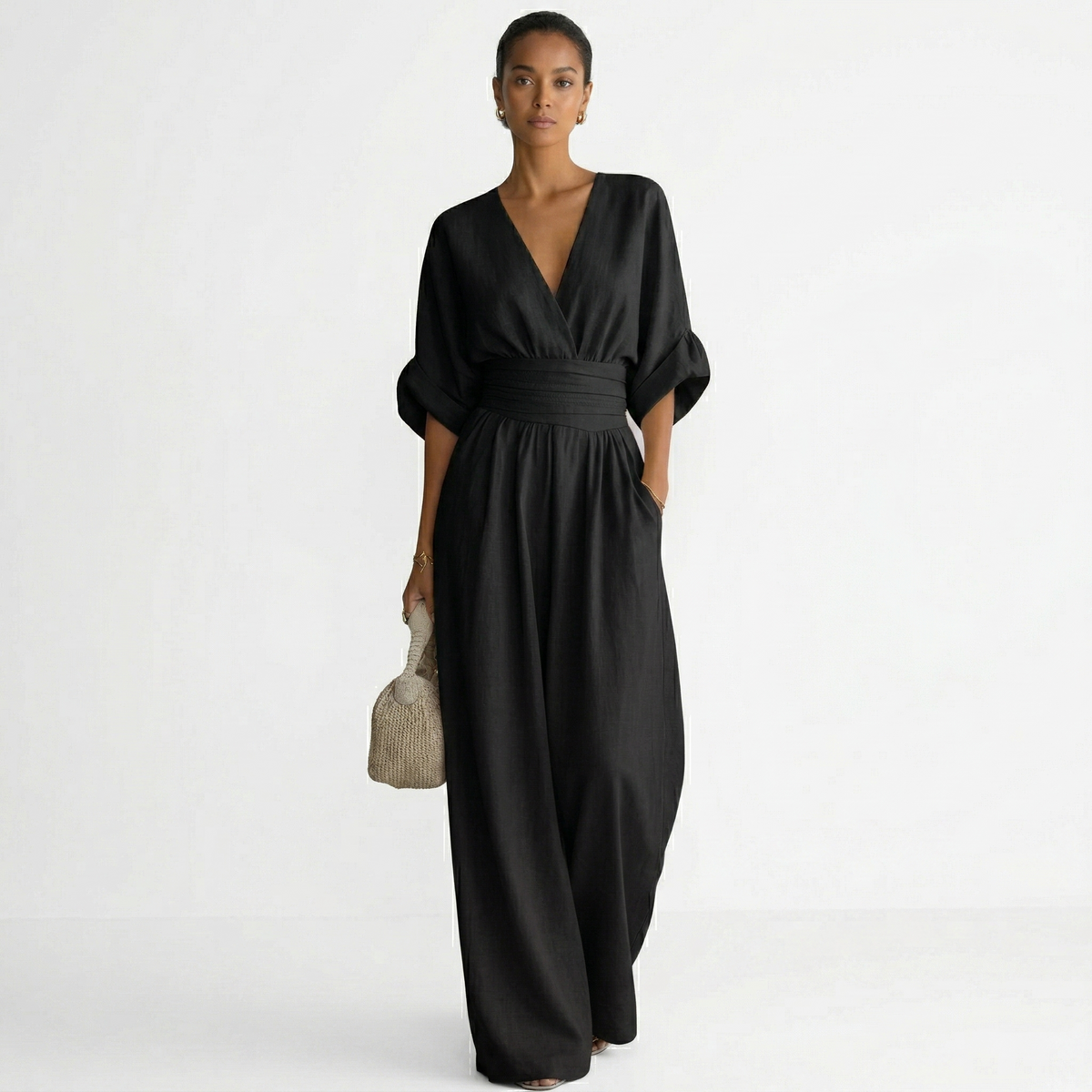 Mono Largo Elegante de Lino Mujer Escote V Cinturón