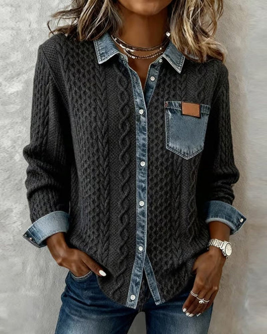Blusa de Punto con Detalle Denim Mujer Manga Larga Trenzas