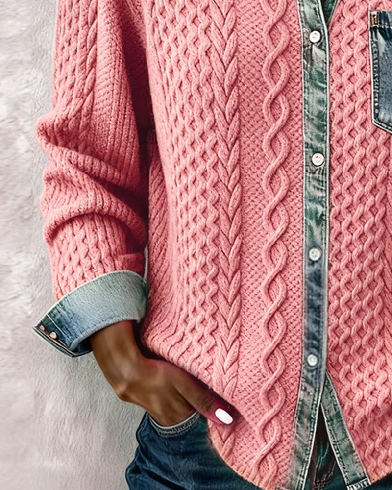 Blusa de Punto con Detalle Denim Mujer Manga Larga Trenzas