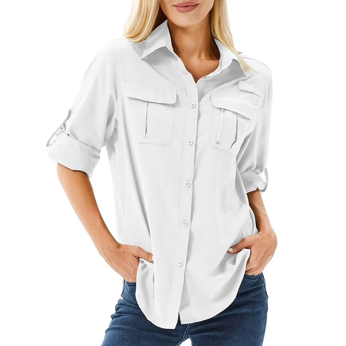 Camisa de Manga Larga Mujer Bolsillos Funcionales