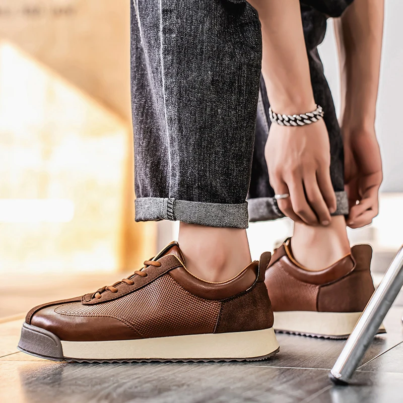 Zapatillas de Piel Hombre Casual Cordones Suela Plana