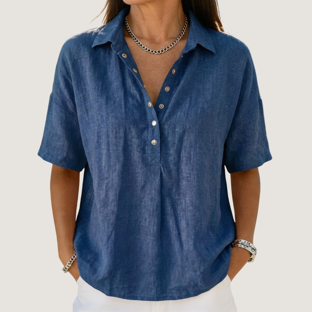Blusa de Lino Manga Corta Mujer Cuello Polo Botones