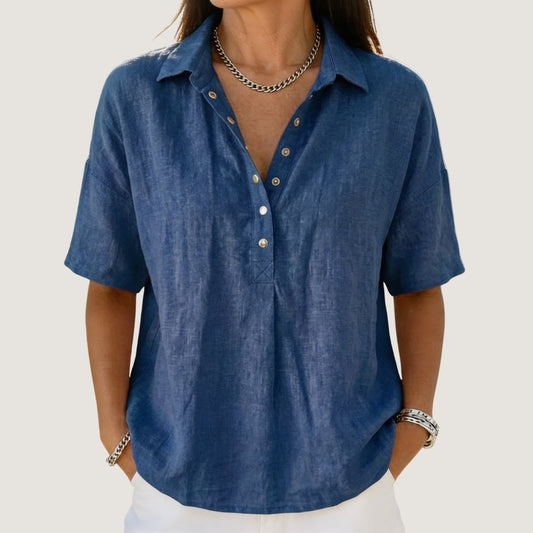 Blusa de Lino Manga Corta Mujer Cuello Polo Botones