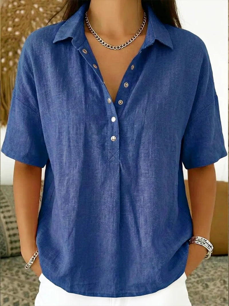 Blusa de Lino Manga Corta Mujer Cuello Polo Botones