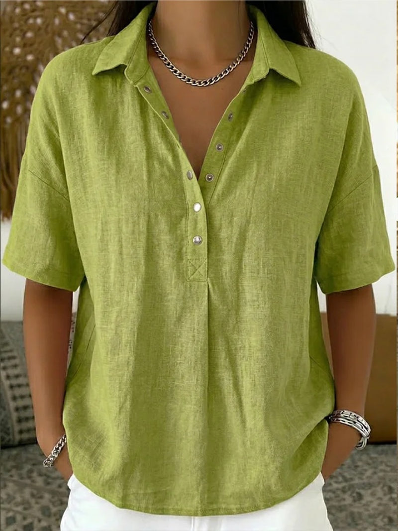 Blusa de Lino Manga Corta Mujer Cuello Polo Botones