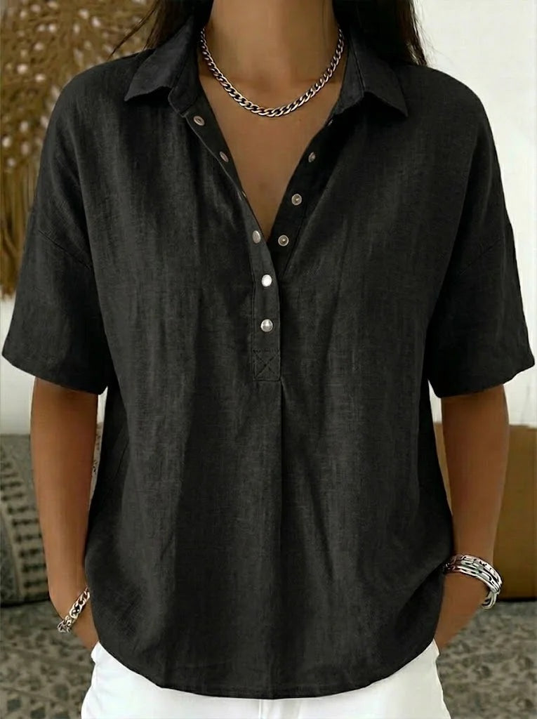 Blusa de Lino Manga Corta Mujer Cuello Polo Botones