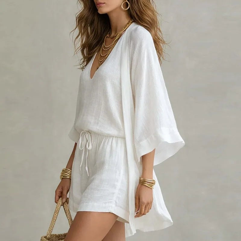 Conjunto de 3 Piezas de Lino Mujer Top Escote V Shorts y Kimono