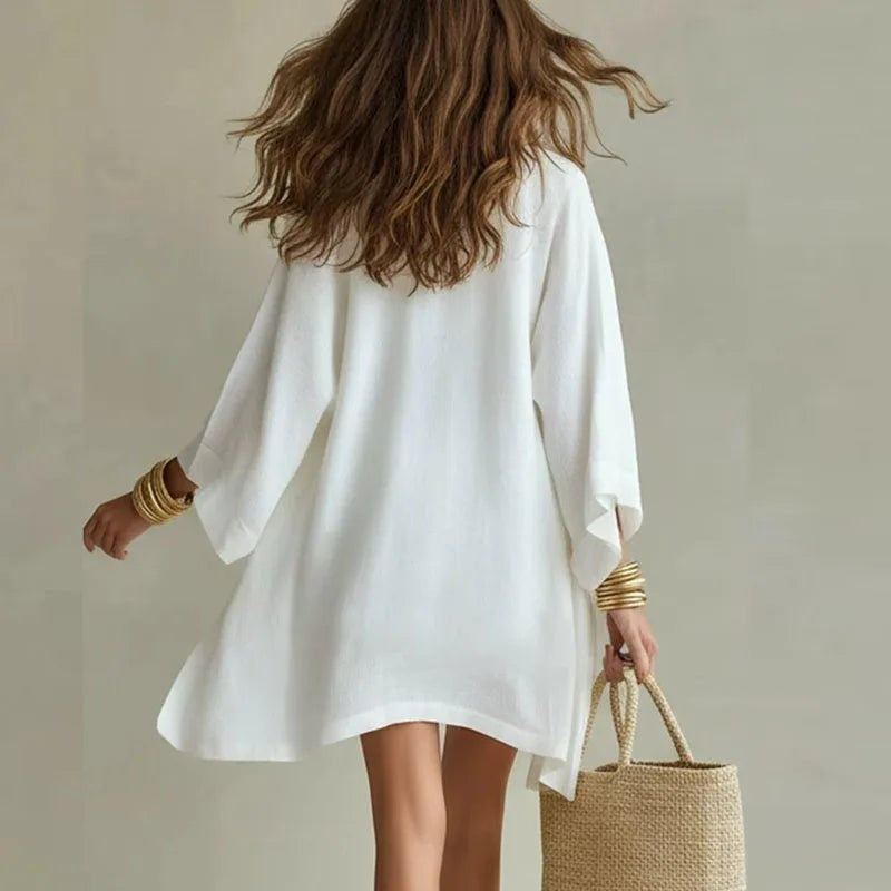 Conjunto de 3 Piezas de Lino Mujer Top Escote V Shorts y Kimono