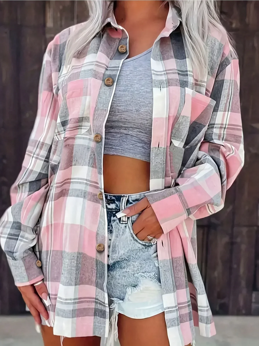 Camisa de Cuadros Oversize Mujer Manga Larga Bolsillo