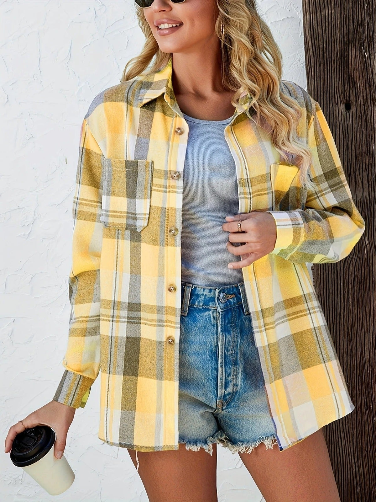 Camisa de Cuadros Oversize Mujer Manga Larga Bolsillo