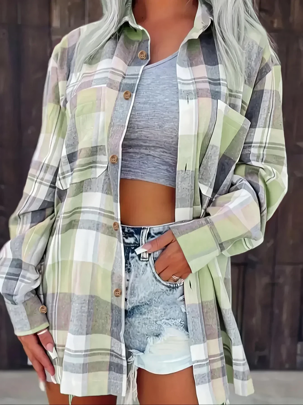 Camisa de Cuadros Oversize Mujer Manga Larga Bolsillo