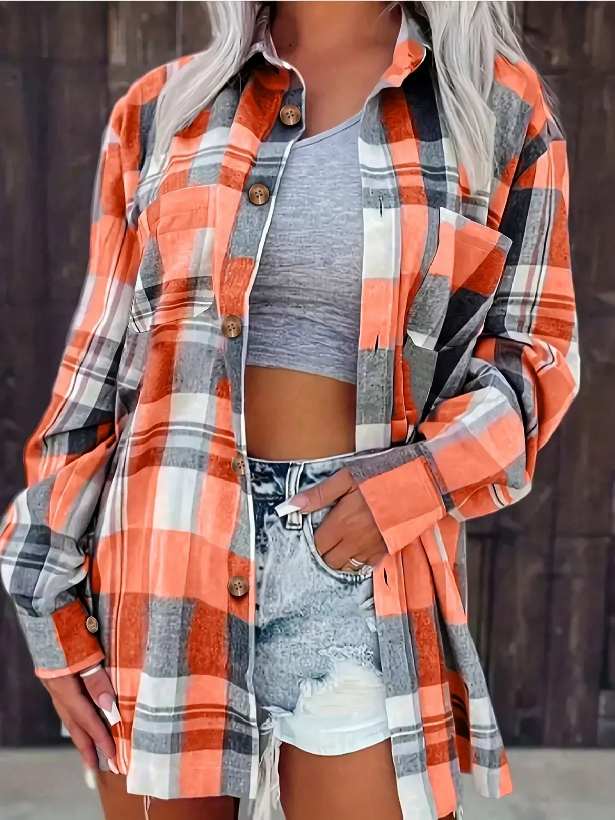 Camisa de Cuadros Oversize Mujer Manga Larga Bolsillo
