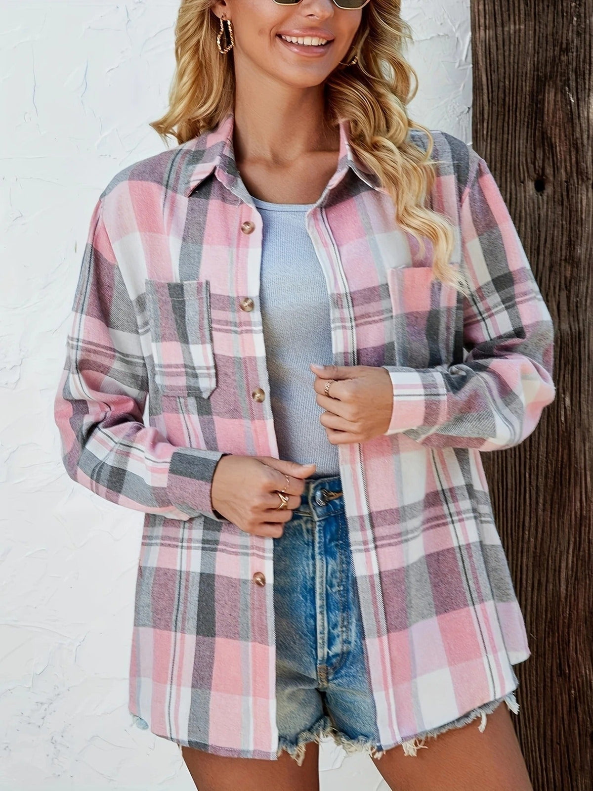 Camisa de Cuadros Oversize Mujer Manga Larga Bolsillo