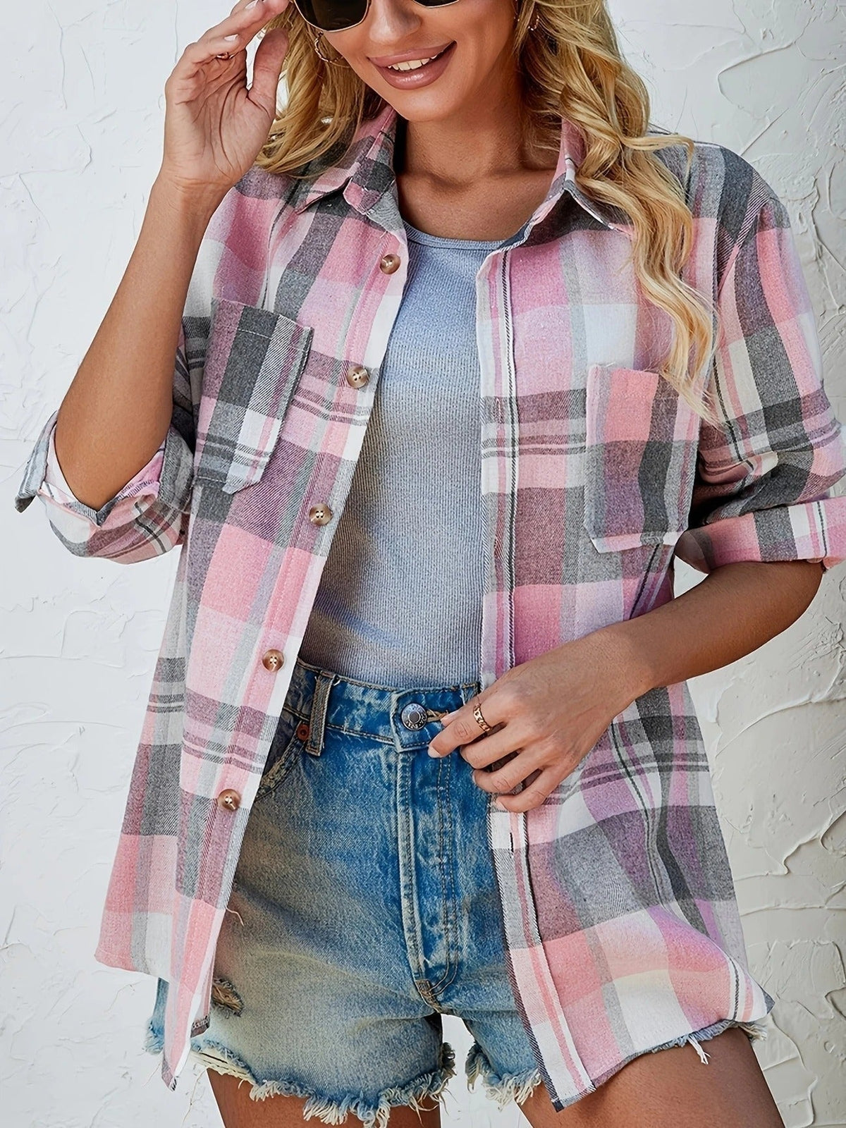 Camisa de Cuadros Oversize Mujer Manga Larga Bolsillo