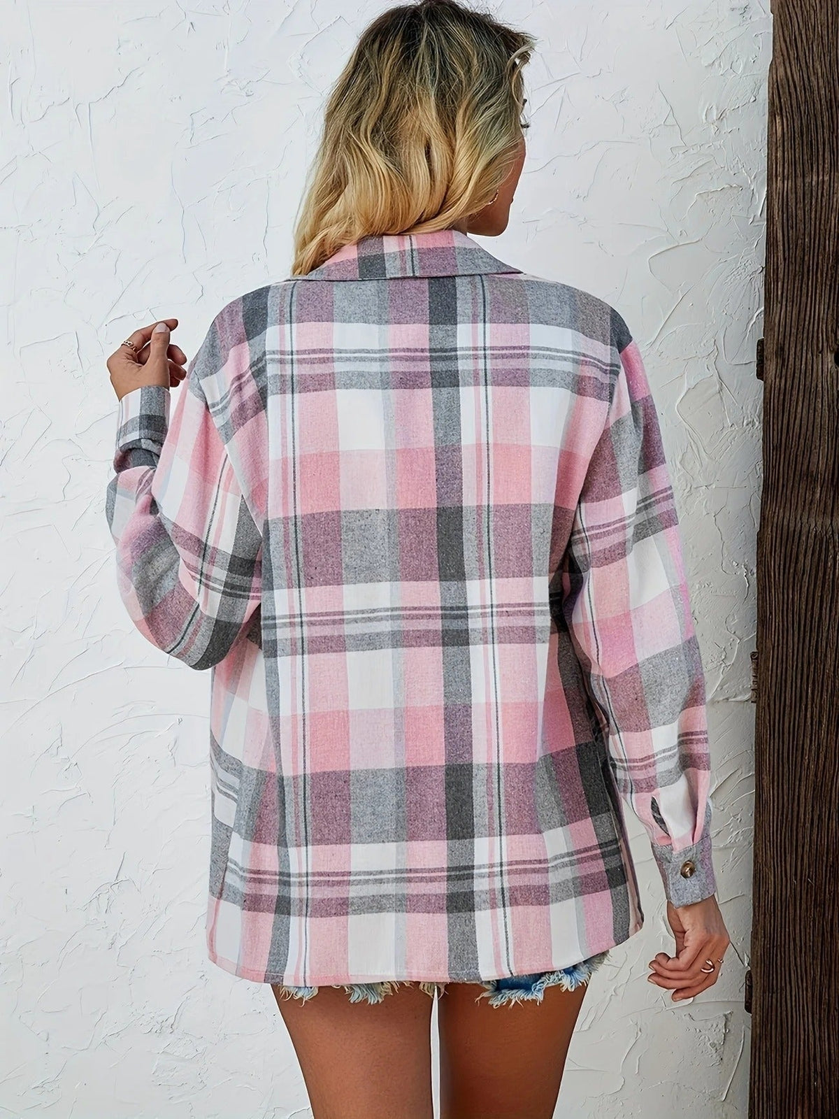 Camisa de Cuadros Oversize Mujer Manga Larga Bolsillo