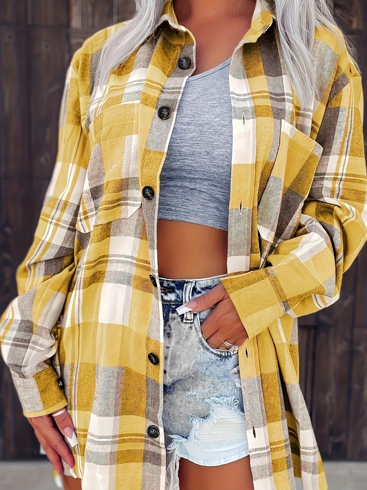 Camisa de Cuadros Oversize Mujer Manga Larga Bolsillo