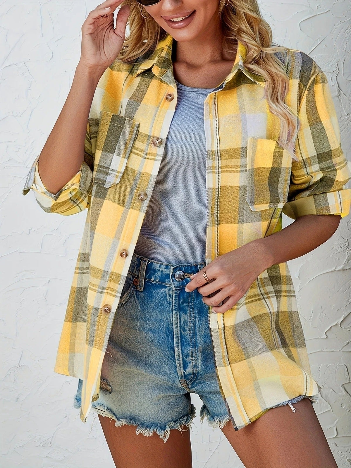 Camisa de Cuadros Oversize Mujer Manga Larga Bolsillo