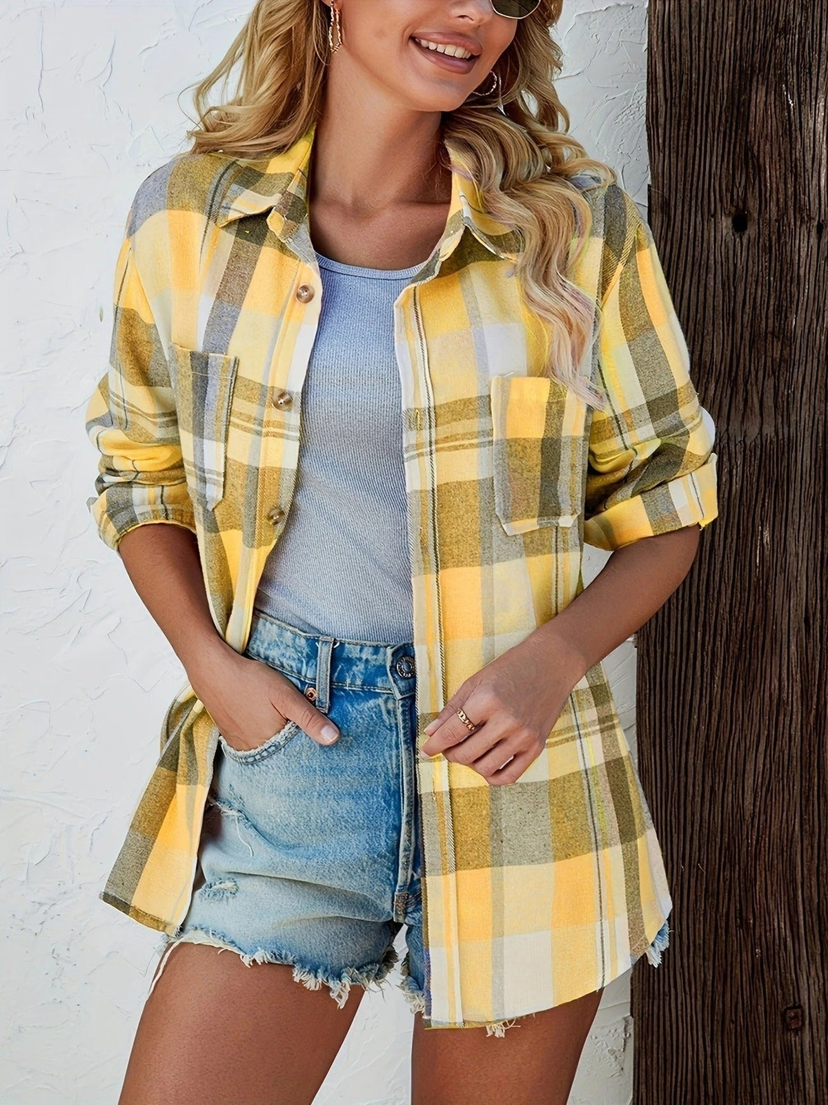 Camisa de Cuadros Oversize Mujer Manga Larga Bolsillo