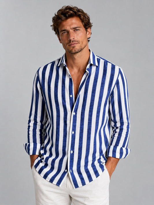 Camisa de Lino de Manga Larga Hombre Rayas