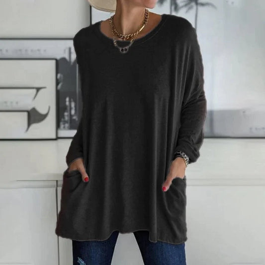Camiseta Oversize de Manga Larga Mujer Bolsillos Cuello Redondo